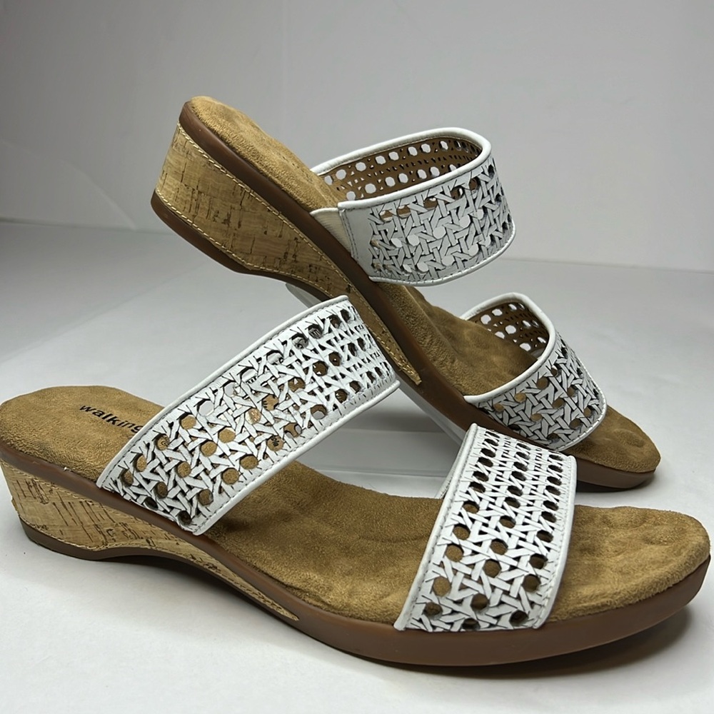 WALKING CRADLES Wedge Sandal Slide Kiwi White Leather Comfort 11 EE Extra Wide‎